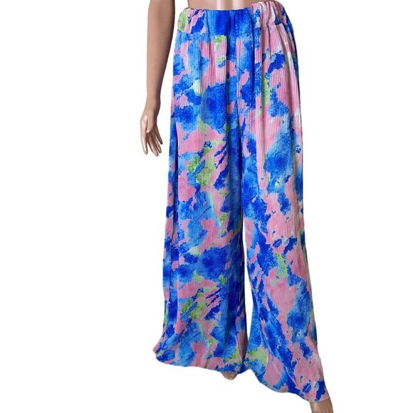 Niccy pants wide leg tie dyed look accordion elastic waist pull on trousers MD - Picture 2 of 9